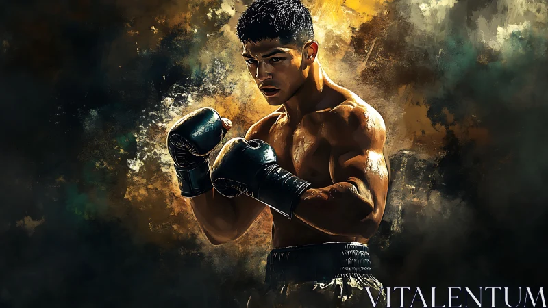 Shirtless athlete wearing black boxing gloves displays aggressive stance with dynamic light.