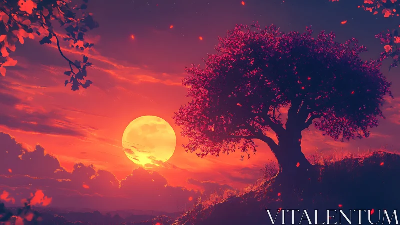 Crimson dusk landscape frames luminous full moon behind tree