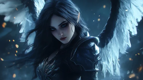 Midnight winged warrior poised between shadow and starlight.