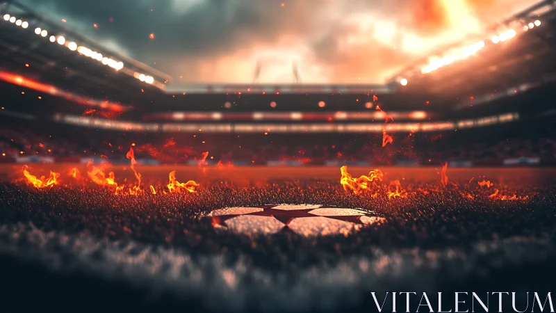 Fiery football pitch center under dramatic stadium lights.