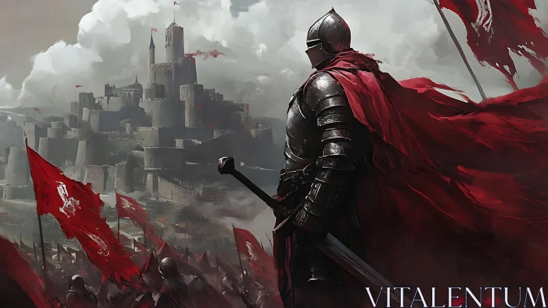 Armored warlord surveys besieged fortress under crimson banners.