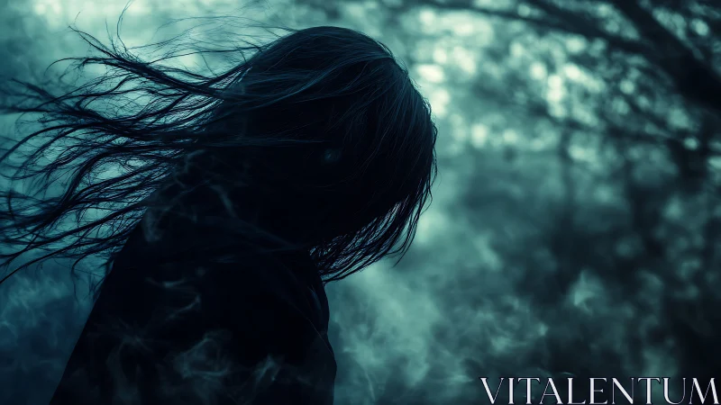 Moody backlit portrait with windblown silhouette and haze.