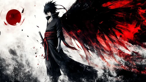 Dark anime swordsman with red energy wings in motion