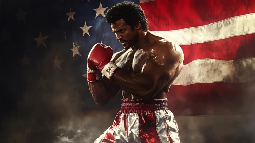 Professional boxer in red gloves positioned against American flag backdrop.