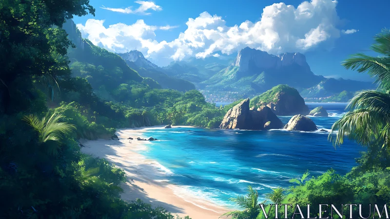 Tropical Cove Nestled Between Emerald Cliffs.