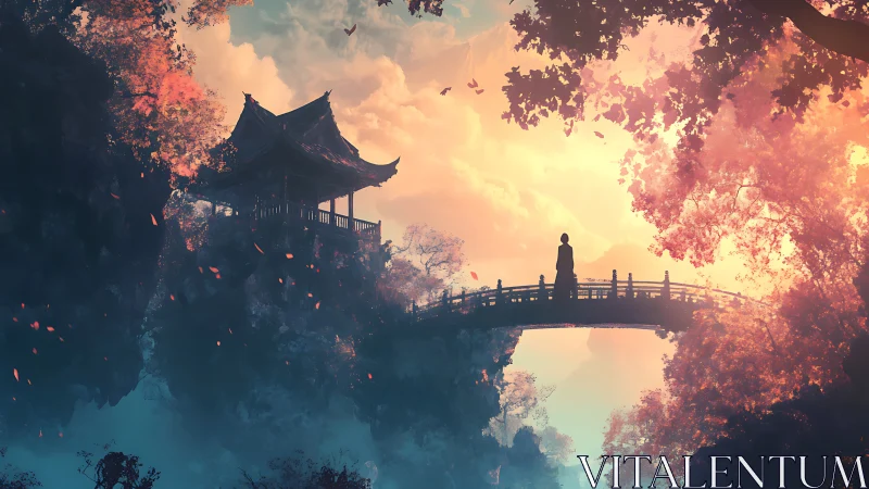 Solitary figure crosses misty bridge at fiery autumn dawn.