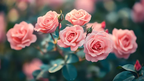 Pink Roses Garden Blooms in Soft Focus Light