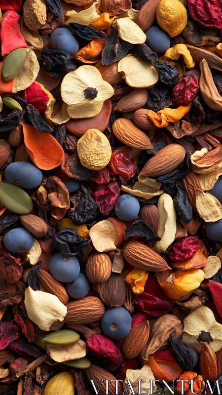 Dry nuts, seeds and fruit are arranged in dense vertical frame