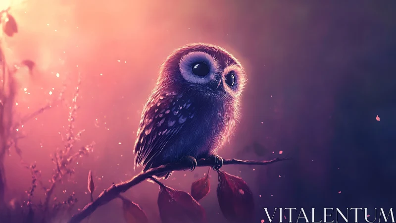 Whimsical Baby Owl on Branch in Dreamy Pastel Light Digital Art.