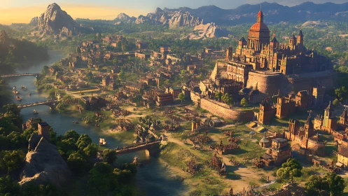 River citadel megastructure in sunlit fantasy valley panorama.