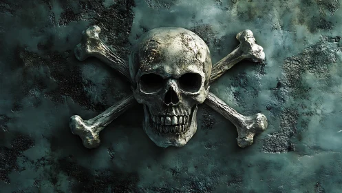 Weathered metallic skull and crossbones on corroded teal wall