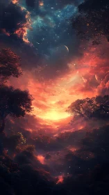 Digital painting of cosmic forest canyon at astral sunset.