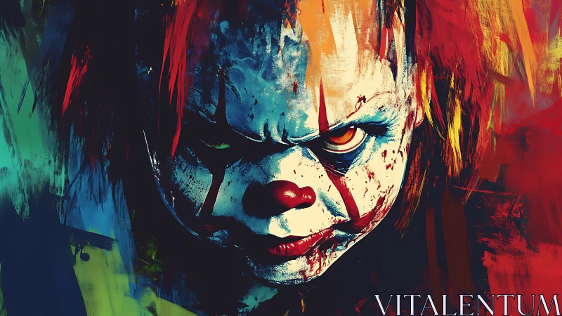 Grinning nightmare clown in feral carnival color storm.
