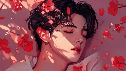Soft-lit portrait of sleeping youth amid falling red petals