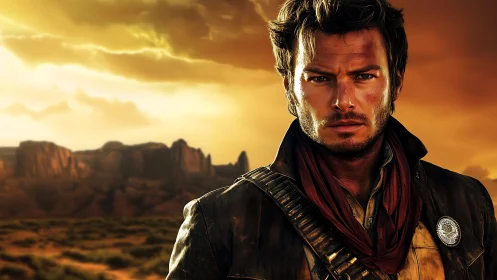 Lone gunslinger stands defiant beneath a blazing desert sky