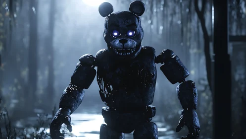 Broken animatronic bear in dark swamp at night.