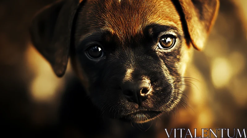 Puppy portrait fills frame with sharp eyes and warm light