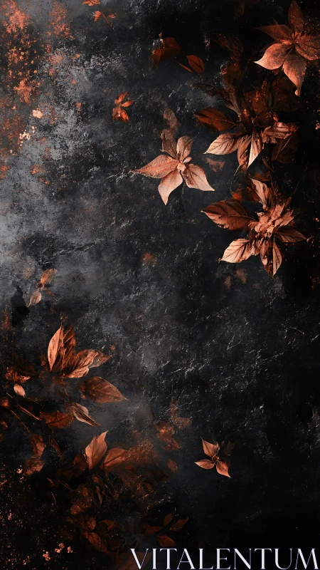 Copper foliage on charcoal textured botanical backdrop.