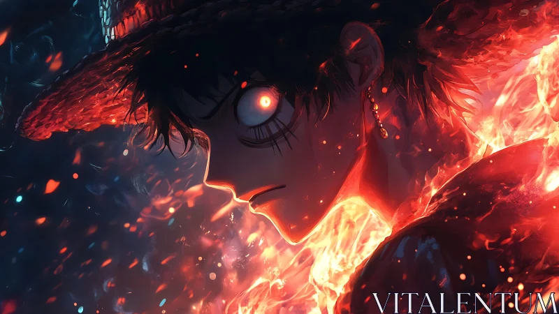 Fiery anime warrior in straw hat with glowing eyes profile