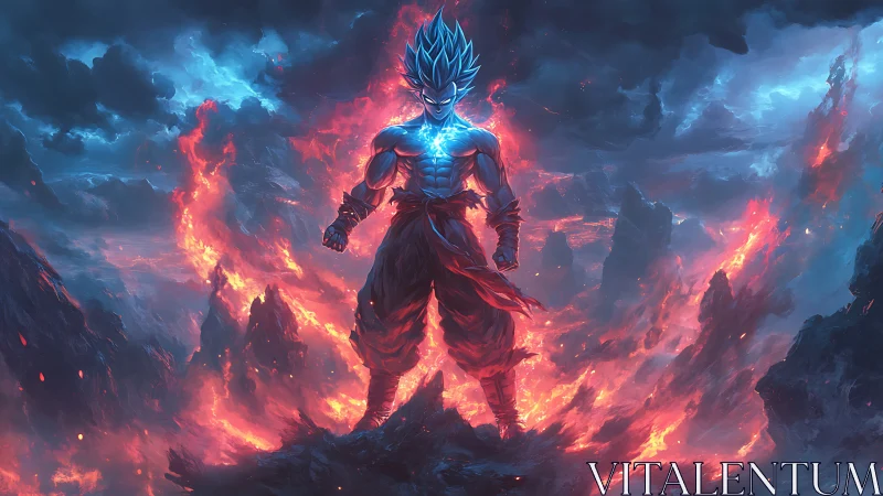 Blue haired warrior in fiery volcanic landscape, frontal view.