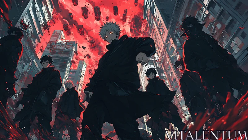 Vigilante squad advances through a collapsing crimson cityscape