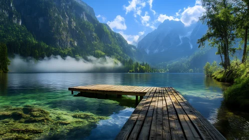 Timber jetty over crystalline alpine lake with mist banded peaks.