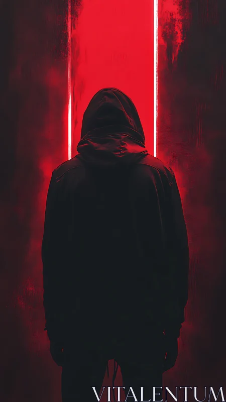 Hooded silhouette before neon red portal in dense haze.