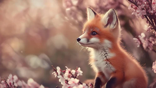 Gentle fox cub daydreaming among soft spring blossoms.