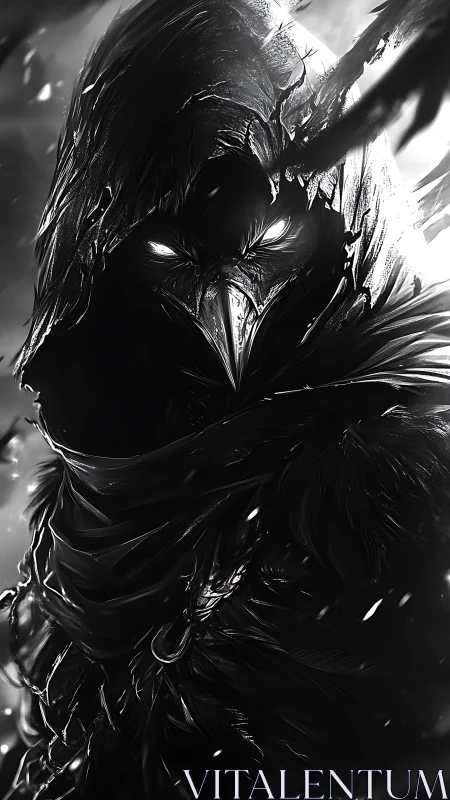 Hooded raven reaper rises from swirling monochrome shadows