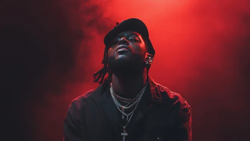 Singer in red stage lighting looks upward into dramatic haze