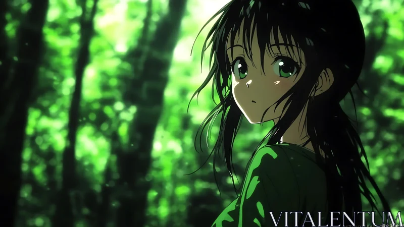 Backlit anime girl in high-contrast verdant forest lighting.