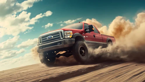 Red off-road pickup powers through desert dust storm.