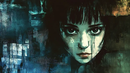 Haunting digital portrait merges urban decay with intense gaze