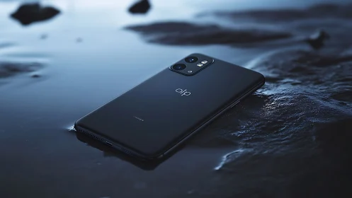Black smartphone resting on wet reflective surface at dusk.