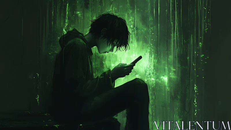 Silhouetted youth sits against neon green wall using phone