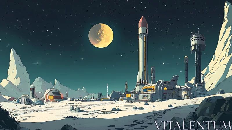 Moonlit frontier base under a quiet cosmic sky.