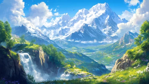 Sunlit alpine valley embraces towering snowcapped peaks.