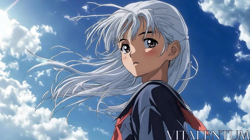 Silver haired anime schoolgirl in wind against cumulus sky