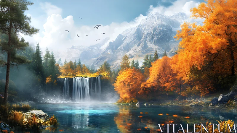 Radiant autumn waterfall below misted alpine peaks.