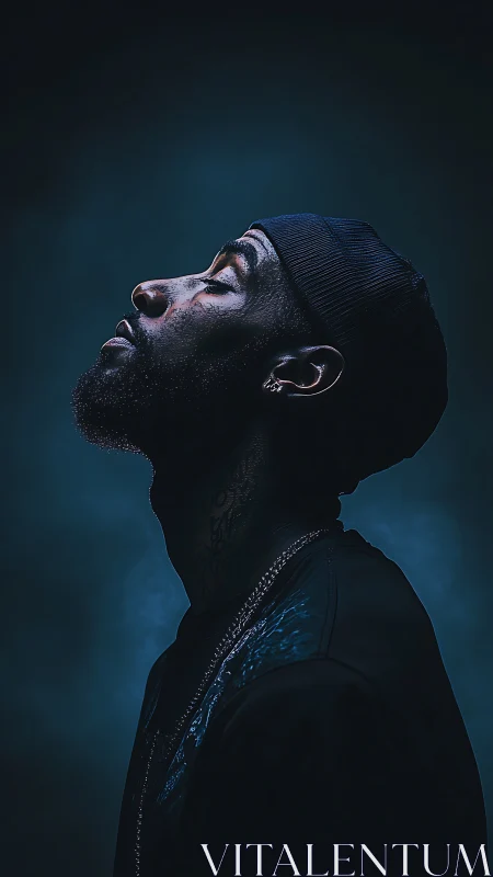 Low-key side profile portrait in teal rim lighting, upward gaze