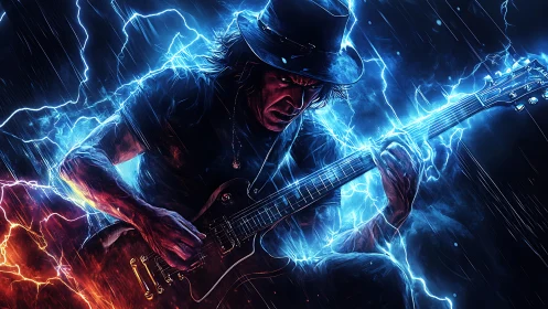Electric guitarist conjures stormlit energy in neon lightning