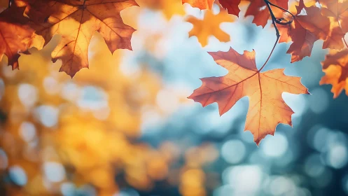 Backlit maple leaves in warm autumn bokeh field study.