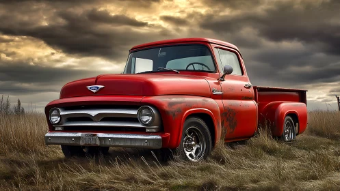 Weathered red pickup truck under dramatic storm clouds.