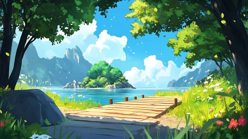 Serene Mountain Lake Vista with Wooden Dock and Floating Island Sanctuary.