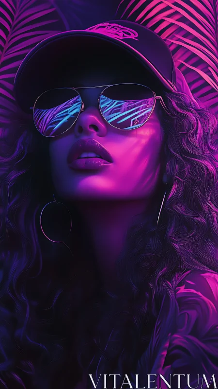 Neon-lit woman in shades beneath tropical cyber palms.
