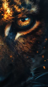 Fiery feline eye glows amid embers and shadowed fur.
