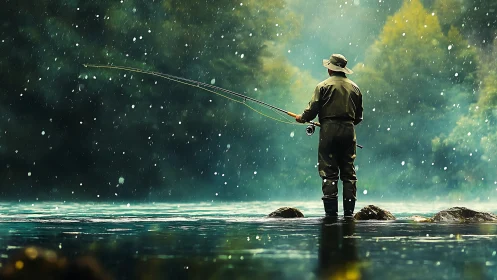 Fly fisher stands in river under soft falling rain.