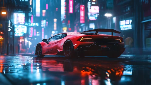 Red supercar cuts through neon rain in a futuristic city street