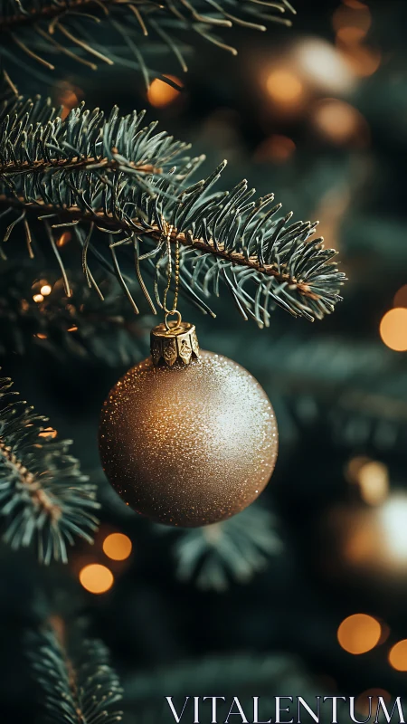Gold glitter bauble hangs from fir branch with warm bokeh lights
