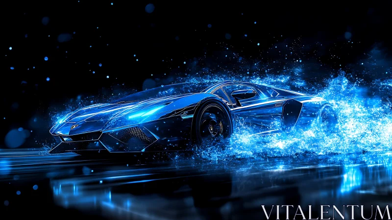 Neon blue supercar sprint through liquid light splash.